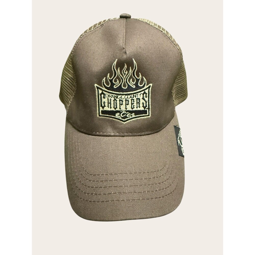 Orange County Choppers OCC Flame Trucker Hat Brown Mesh Snapback Y2K Biker Cap